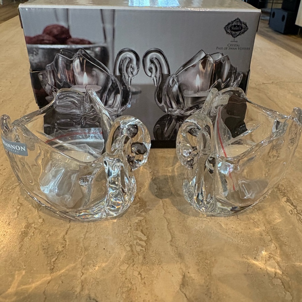 NIB Shannon Crystal Swans Tealight Votives, Pair